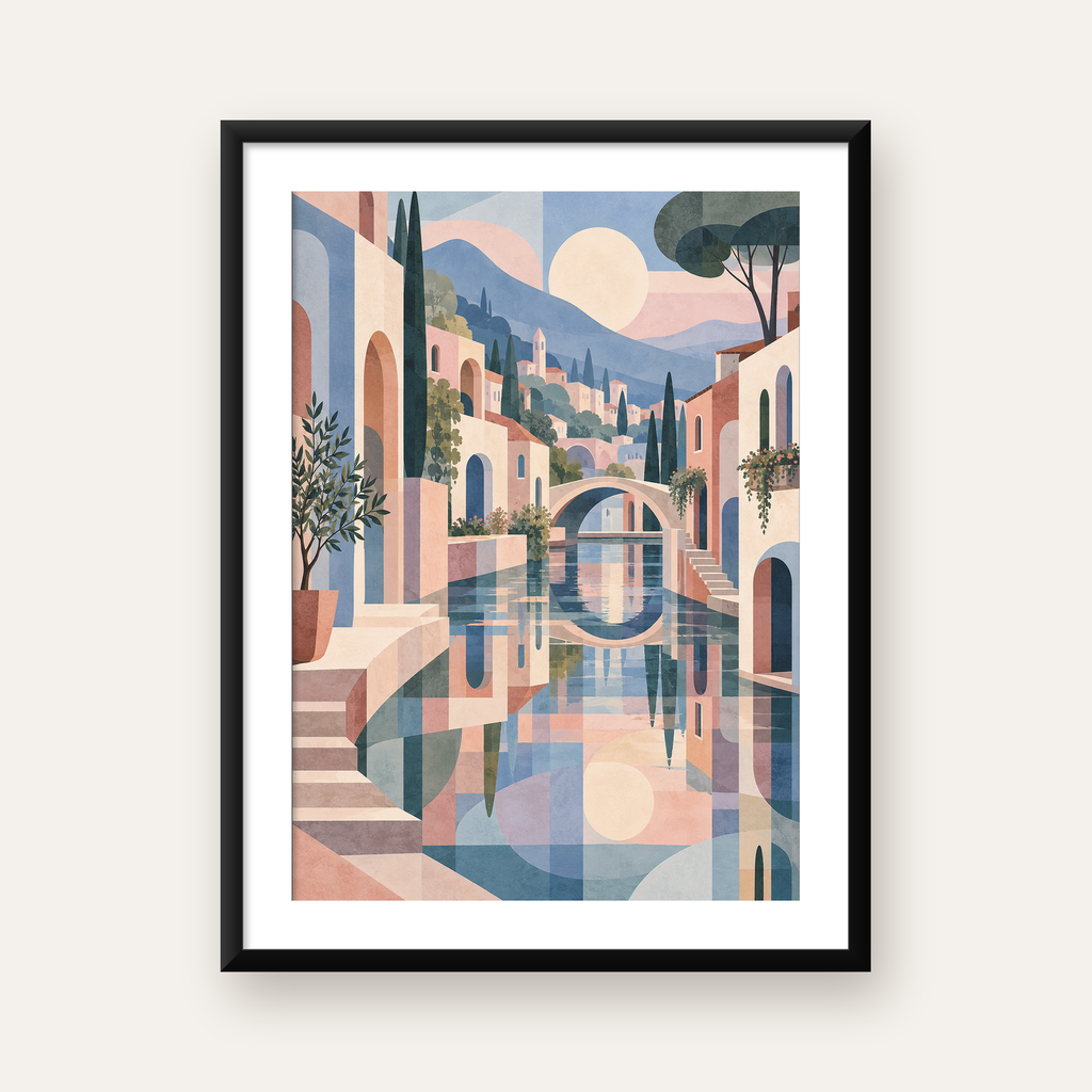 Soyut Akdeniz Kasabası Manzarası Modern Poster — Dikey baskı, beyaz kenar boşluklu