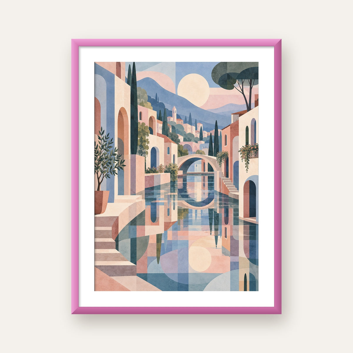 Soft Soyut Kanal Kasabası — pembe çerçeveli paspartulu