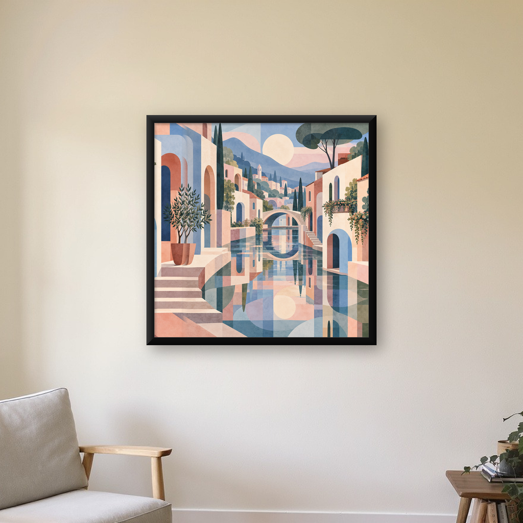Soyut Akdeniz Kasabası Manzarası Modern Poster — Kare baskı, çerçeveli hâliyle bir ev duvarında