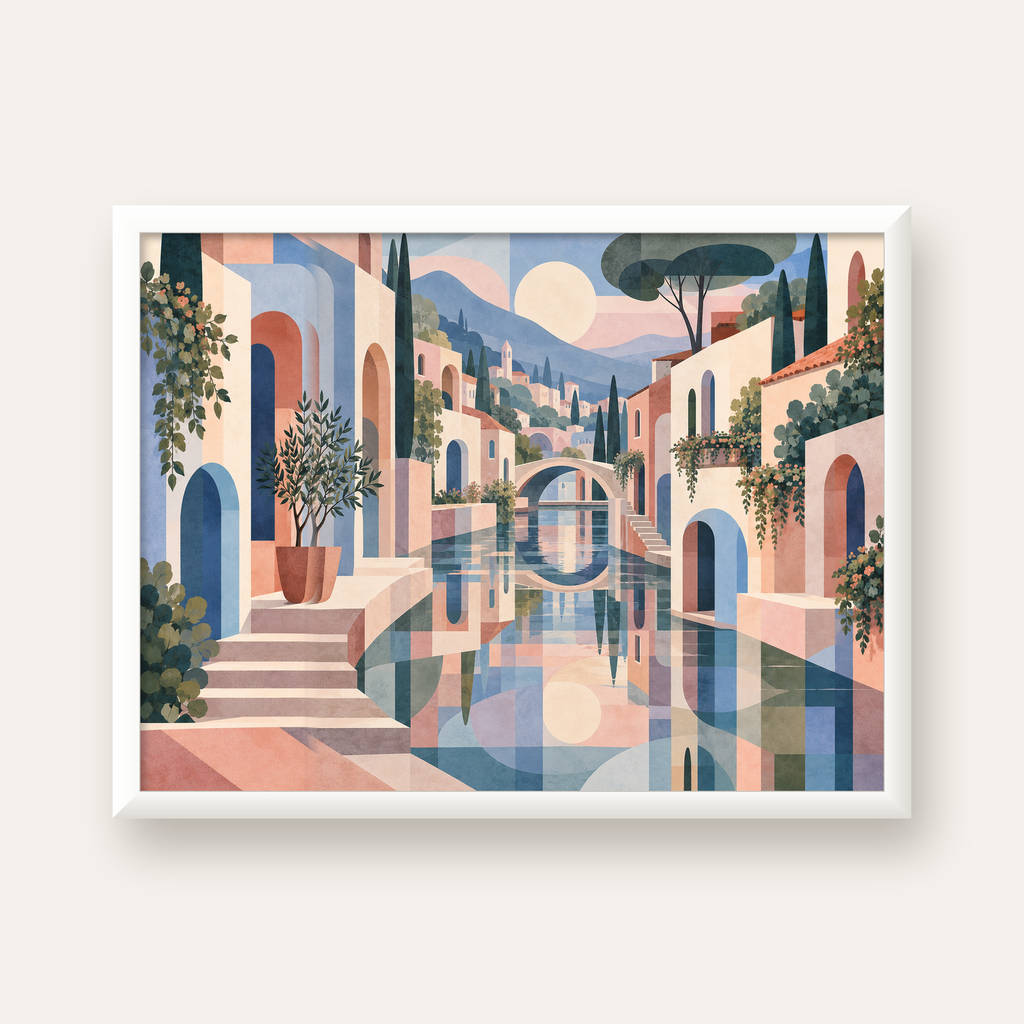 Soft Soyut Kanal Kasabası — beyaz çerçeveli yatay poster