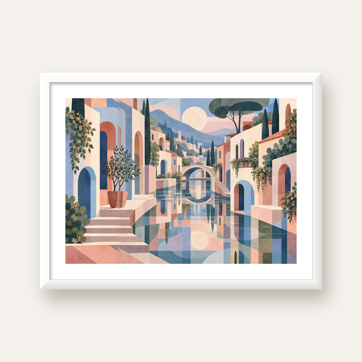 Soft Soyut Kanal Kasabası — beyaz çerçeveli yatay poster