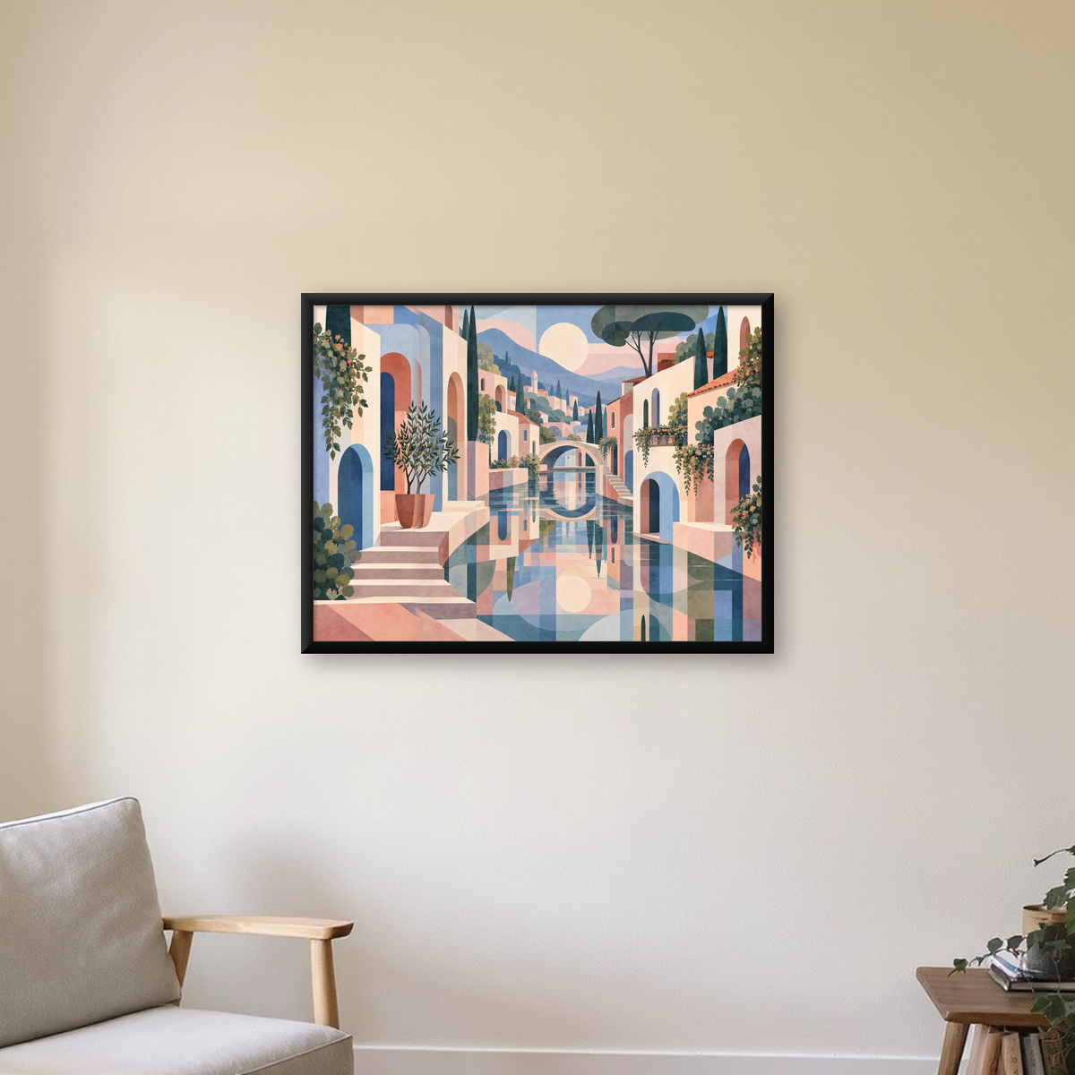 Soyut Akdeniz Kasabası Manzarası Modern Poster — Yatay baskı, çerçeveli hâliyle bir ev duvarında