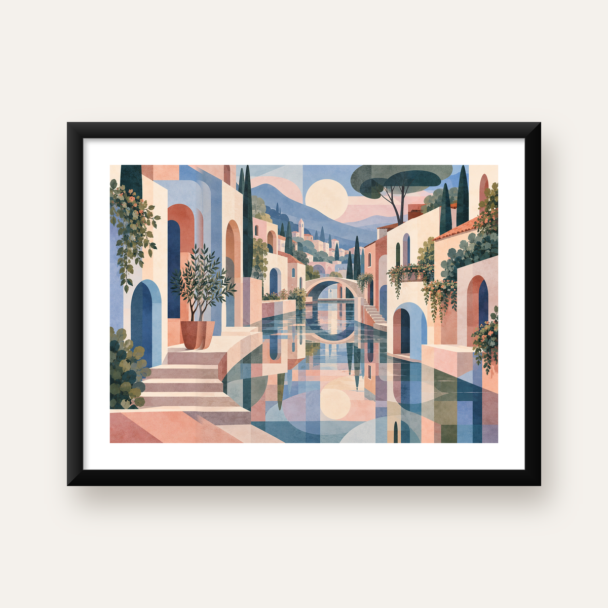 Soyut Akdeniz Kasabası Manzarası Modern Poster — Yatay baskı, beyaz kenar boşluklu