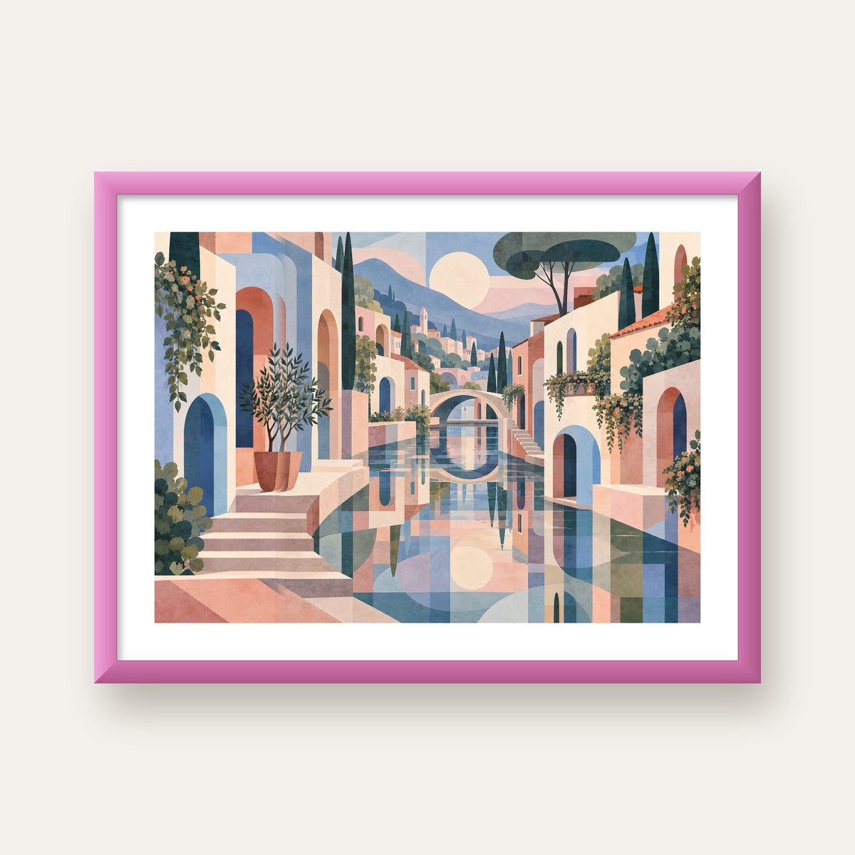 Soft Soyut Kanal Kasabası — pembe çerçeveli paspartulu