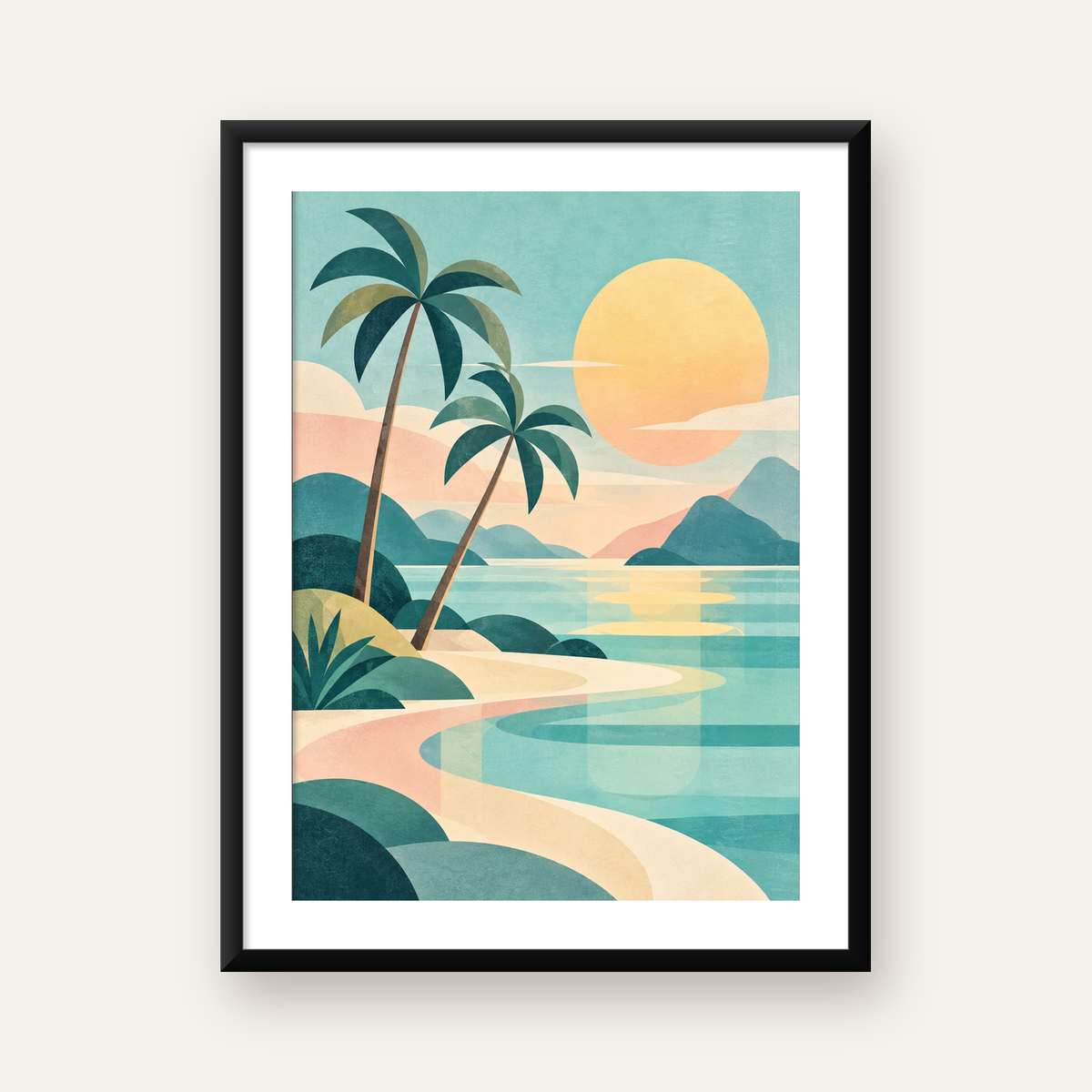 Retro Tropik Sahil Manzarası Pastel Dijital Poster — Dikey baskı, beyaz kenar boşluklu