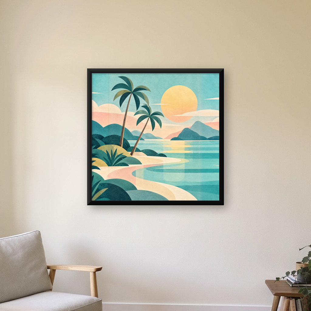 Retro Tropik Sahil Manzarası Pastel Dijital Poster — Kare baskı, çerçeveli hâliyle bir ev duvarında