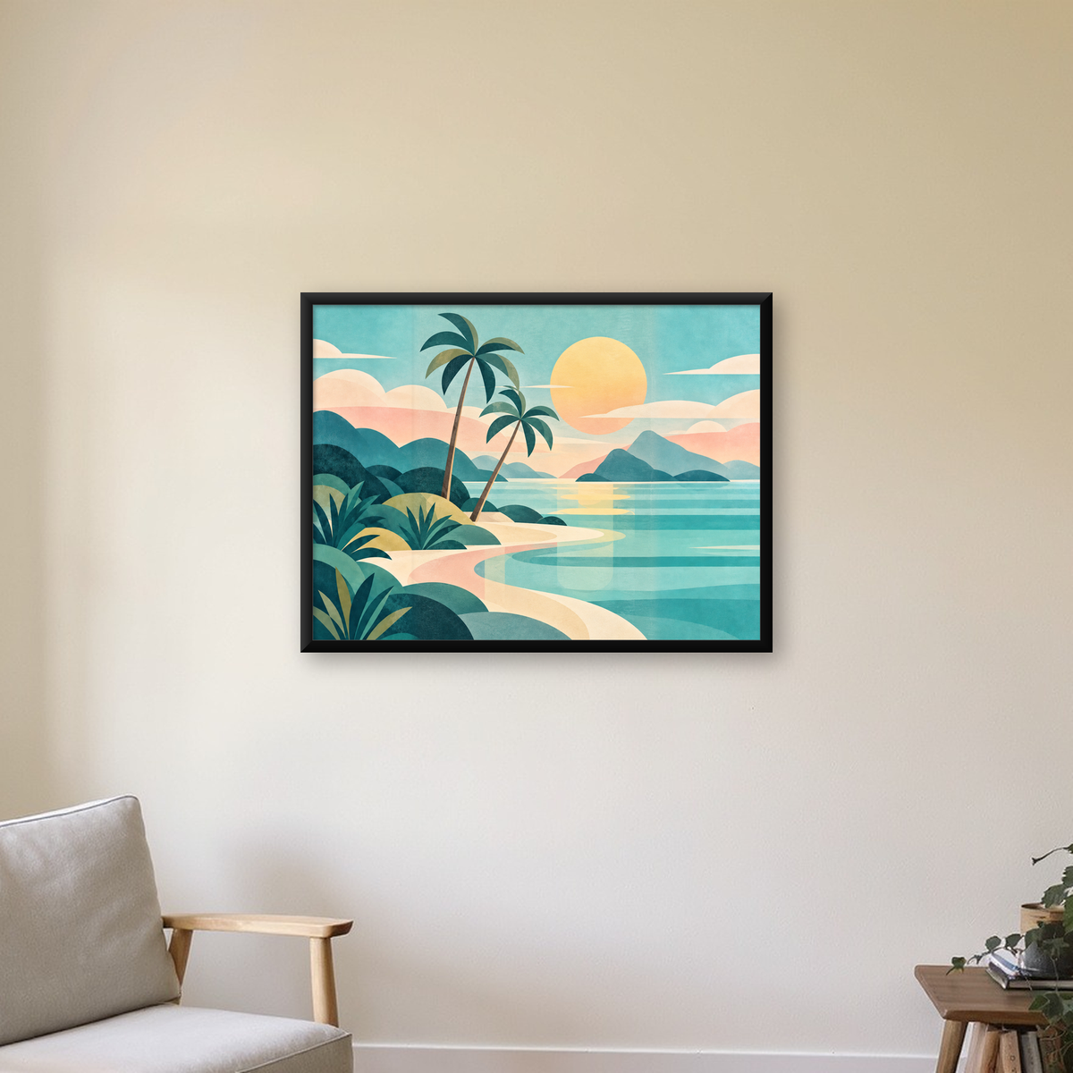 Retro Tropik Sahil Manzarası Pastel Dijital Poster — Yatay baskı, çerçeveli hâliyle bir ev duvarında