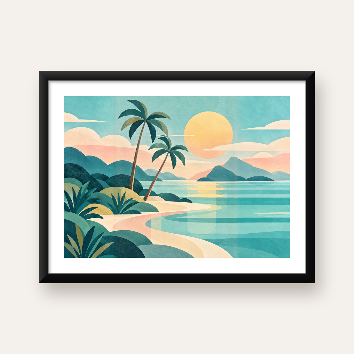 Retro Tropik Sahil Manzarası Pastel Dijital Poster — Yatay baskı, beyaz kenar boşluklu