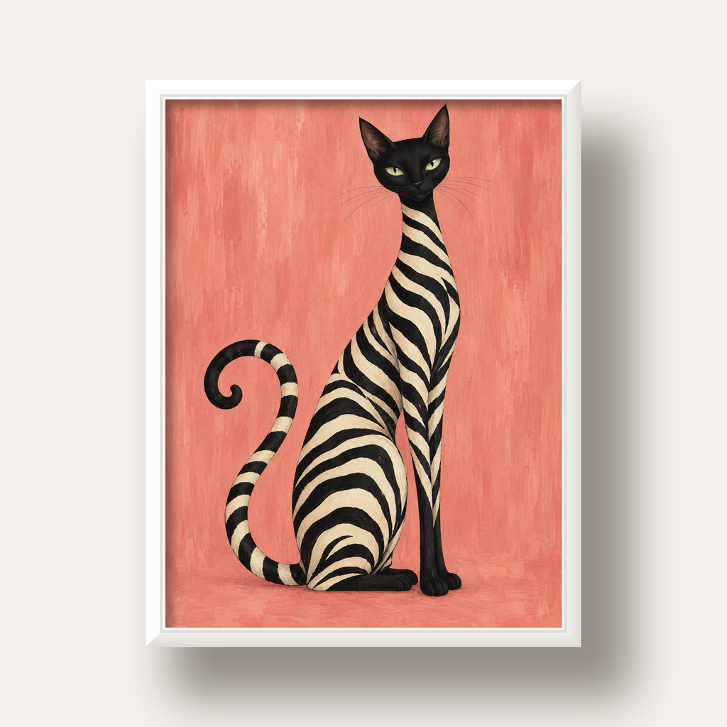 Somon Pembe Zebra Desenli Kedi Poster — beyaz derin çerçeveli
