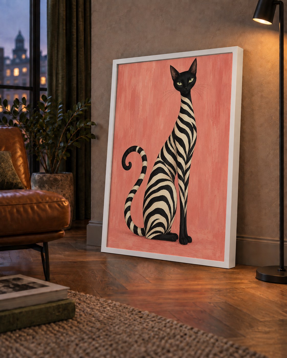 Somon Pembe Zebra Desenli Kedi Poster — çerçeveli hâliyle bir ev duvarında