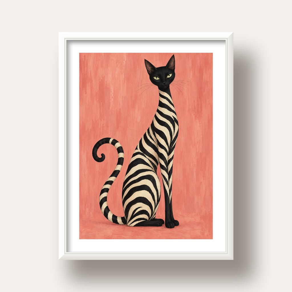 Somon Pembe Zebra Desenli Kedi Poster — beyaz derin çerçeveli paspartulu