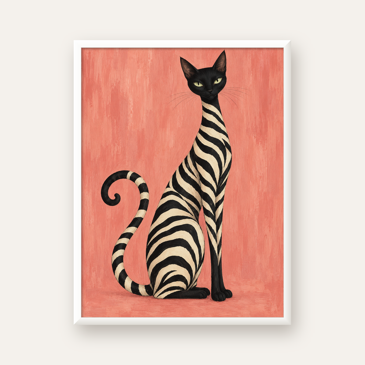 Somon Pembe Zebra Desenli Kedi Poster — beyaz çerçeveli dikey poster