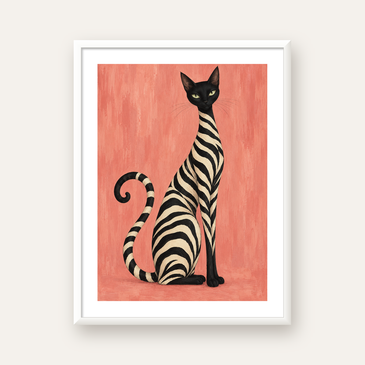 Somon Pembe Zebra Desenli Kedi Poster — beyaz çerçeveli dikey poster