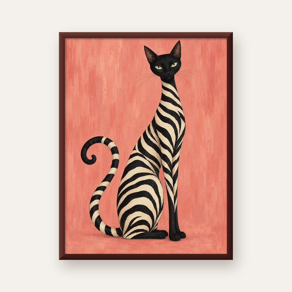 Somon Pembe Zebra Desenli Kedi Poster — ceviz çerçeveli