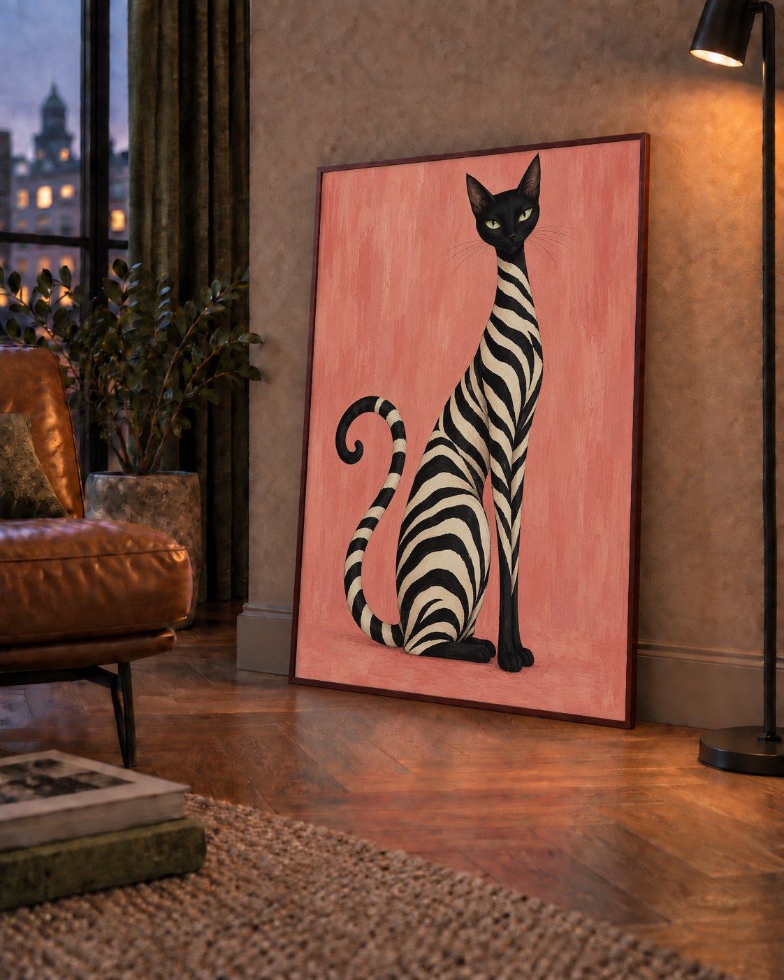 Somon Pembe Zebra Desenli Kedi Poster — çerçeveli hâliyle bir ev duvarında