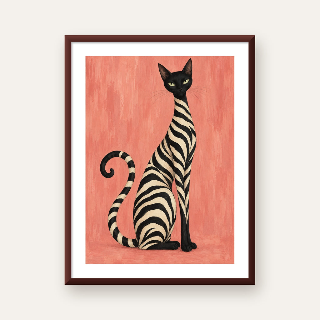 Somon Pembe Zebra Desenli Kedi Poster — ceviz çerçeveli paspartulu
