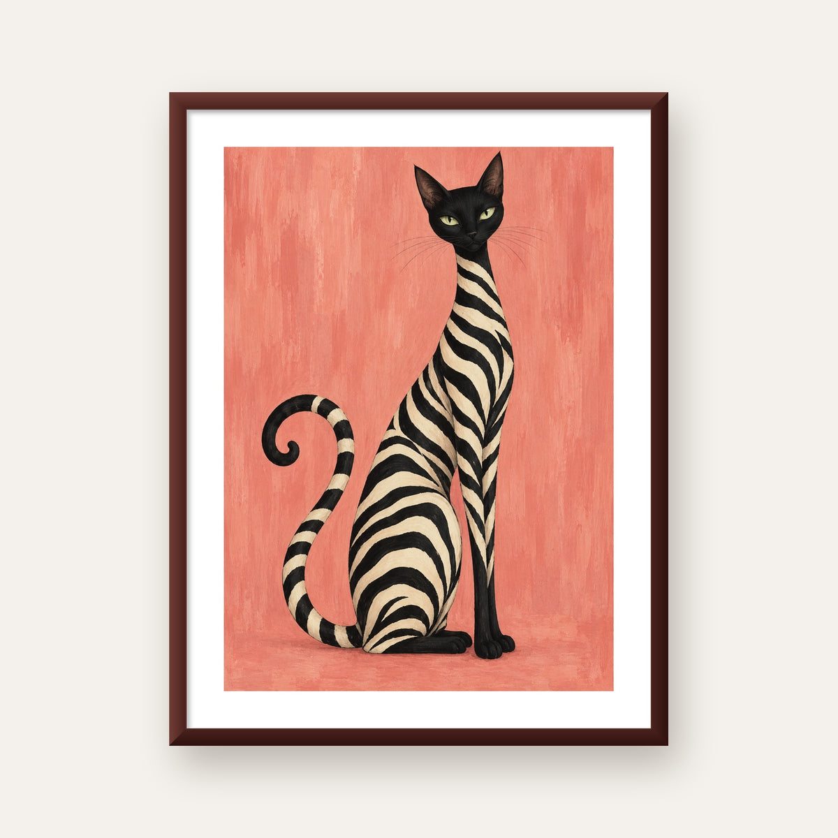 Somon Pembe Zebra Desenli Kedi Poster — ceviz çerçeveli paspartulu