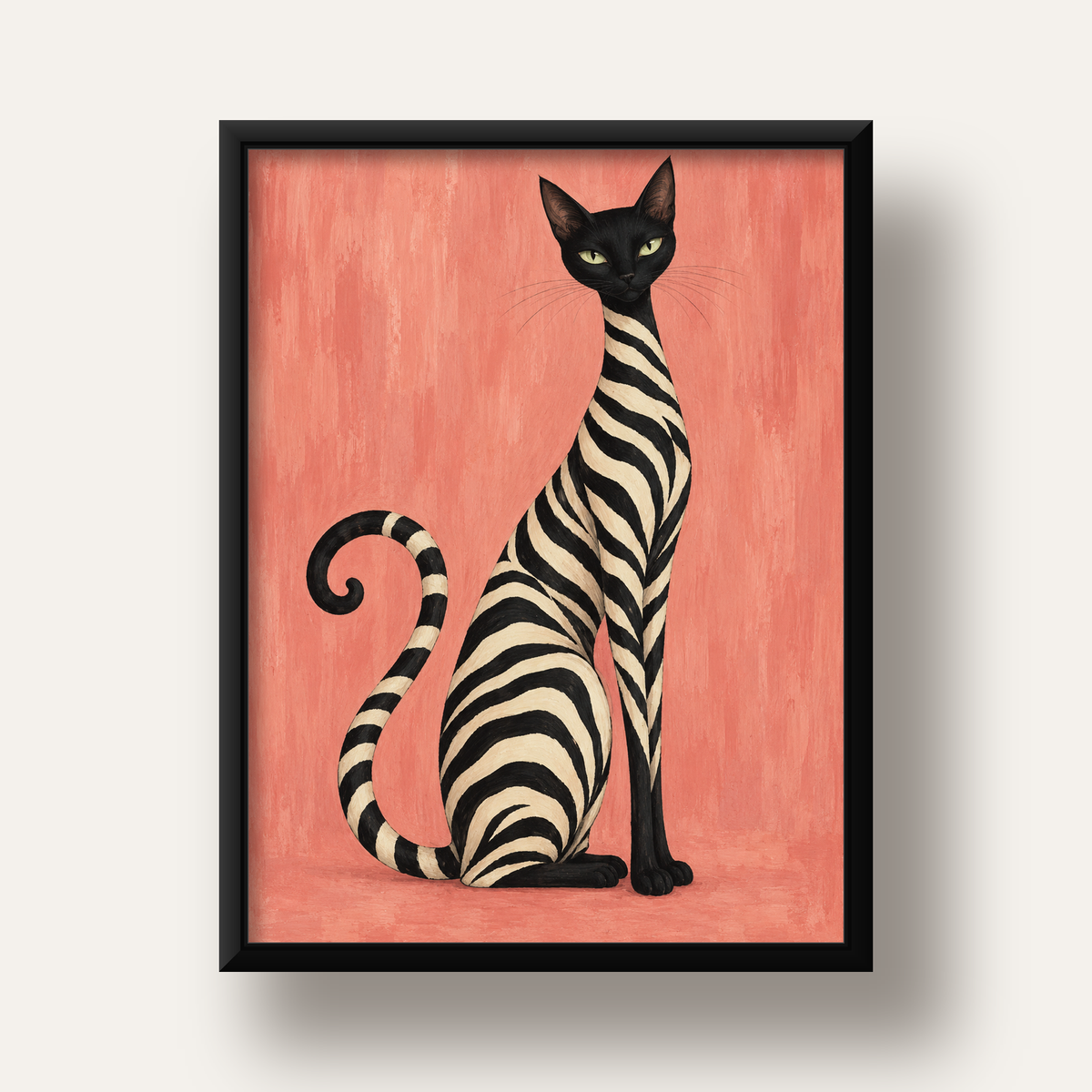 Somon Pembe Zebra Desenli Kedi Poster — siyah derin çerçeveli