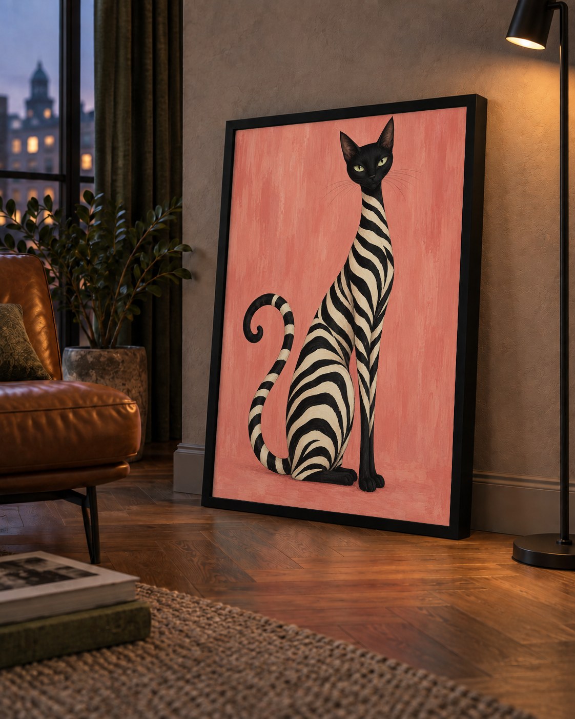 Somon Pembe Zebra Desenli Kedi Poster — çerçeveli hâliyle bir ev duvarında