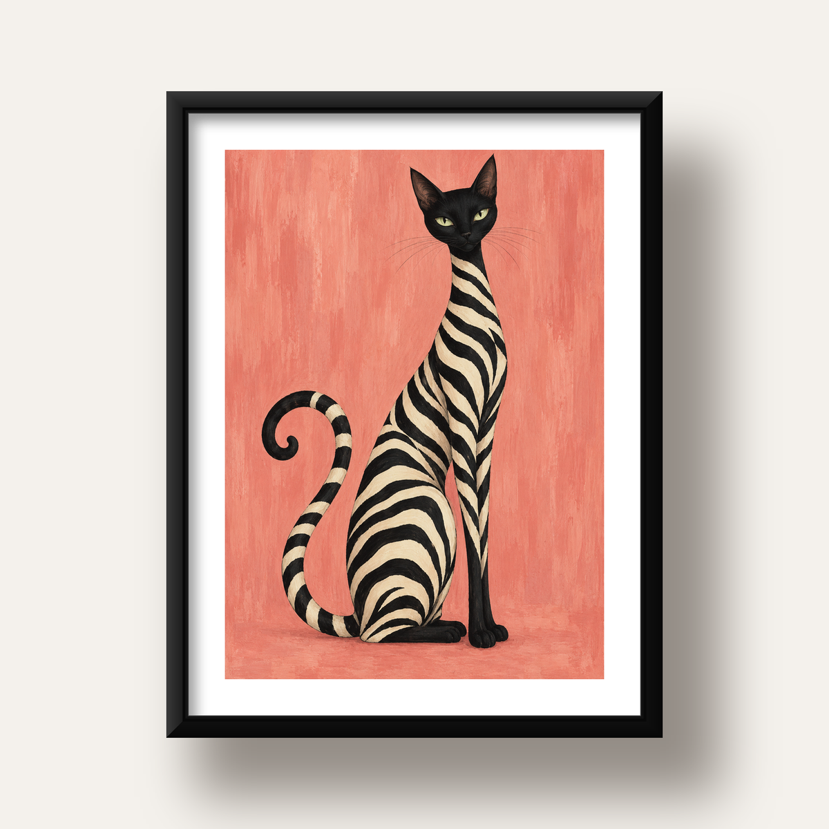 Somon Pembe Zebra Desenli Kedi Poster — siyah derin çerçeveli paspartulu