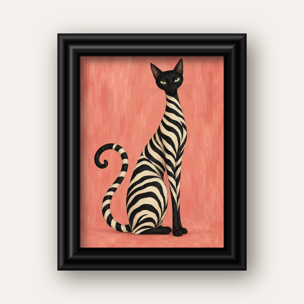 Somon Pembe Zebra Desenli Kedi Poster — siyah galeri çerçeveli