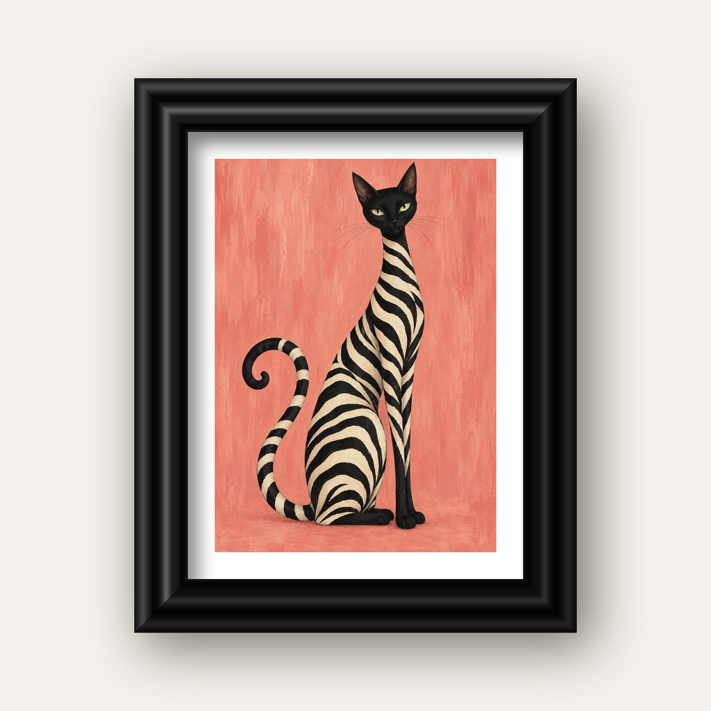 Somon Pembe Zebra Desenli Kedi Poster — siyah galeri çerçeveli paspartulu