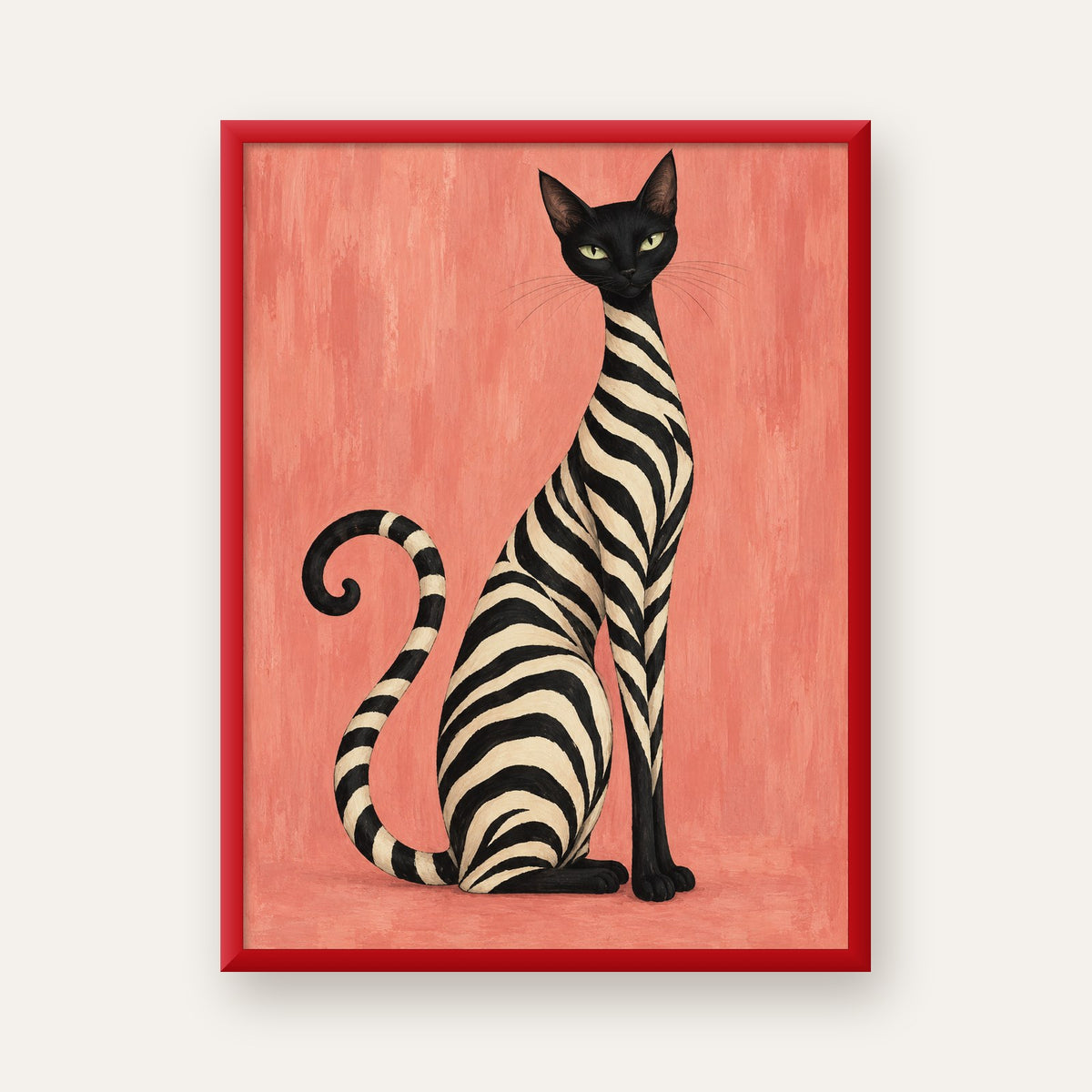 Somon Pembe Zebra Desenli Kedi Poster — kırmızı çerçeveli
