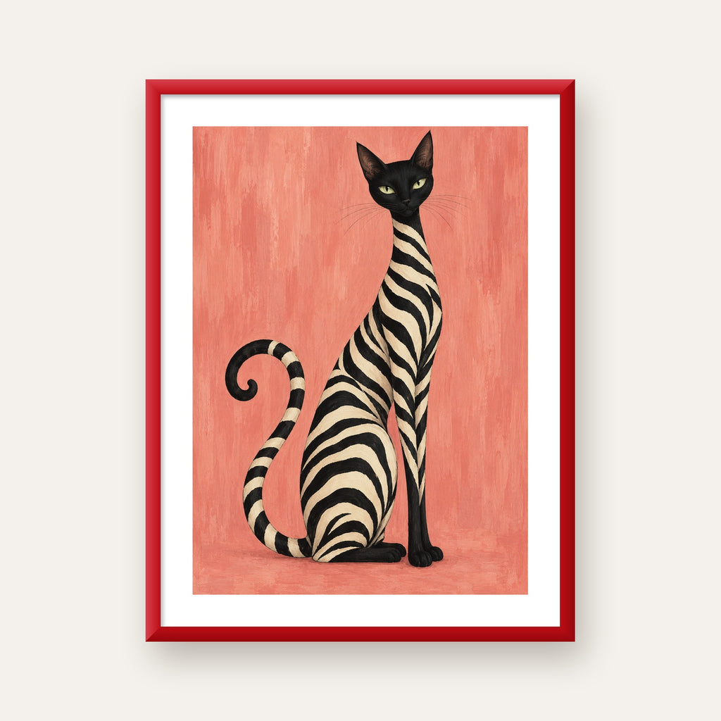 Somon Pembe Zebra Desenli Kedi Poster — kırmızı çerçeveli paspartulu
