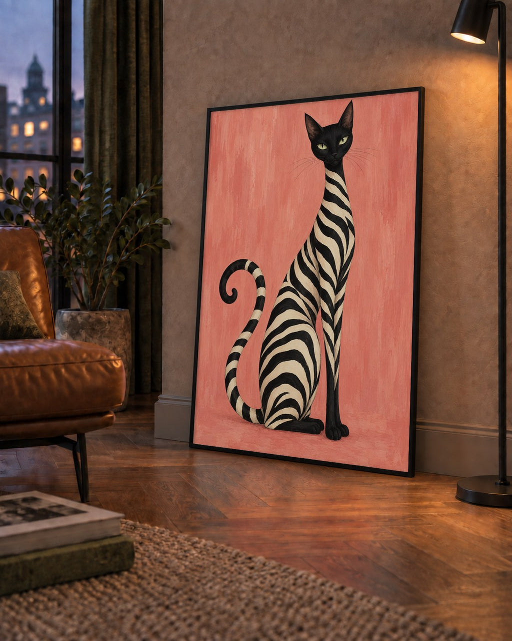 Somon Pembe Zebra Desenli Kedi Poster — çerçeveli hâliyle bir ev duvarında