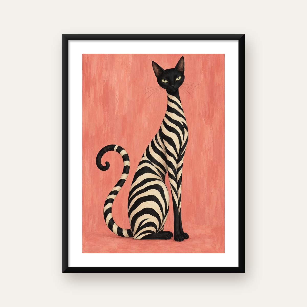 Zebra Desenli Kedi İllüstrasyonu Pembe Poster — Dikey baskı, beyaz kenar boşluklu