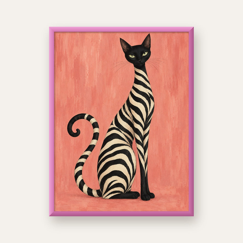 Somon Pembe Zebra Desenli Kedi Poster — pembe çerçeveli