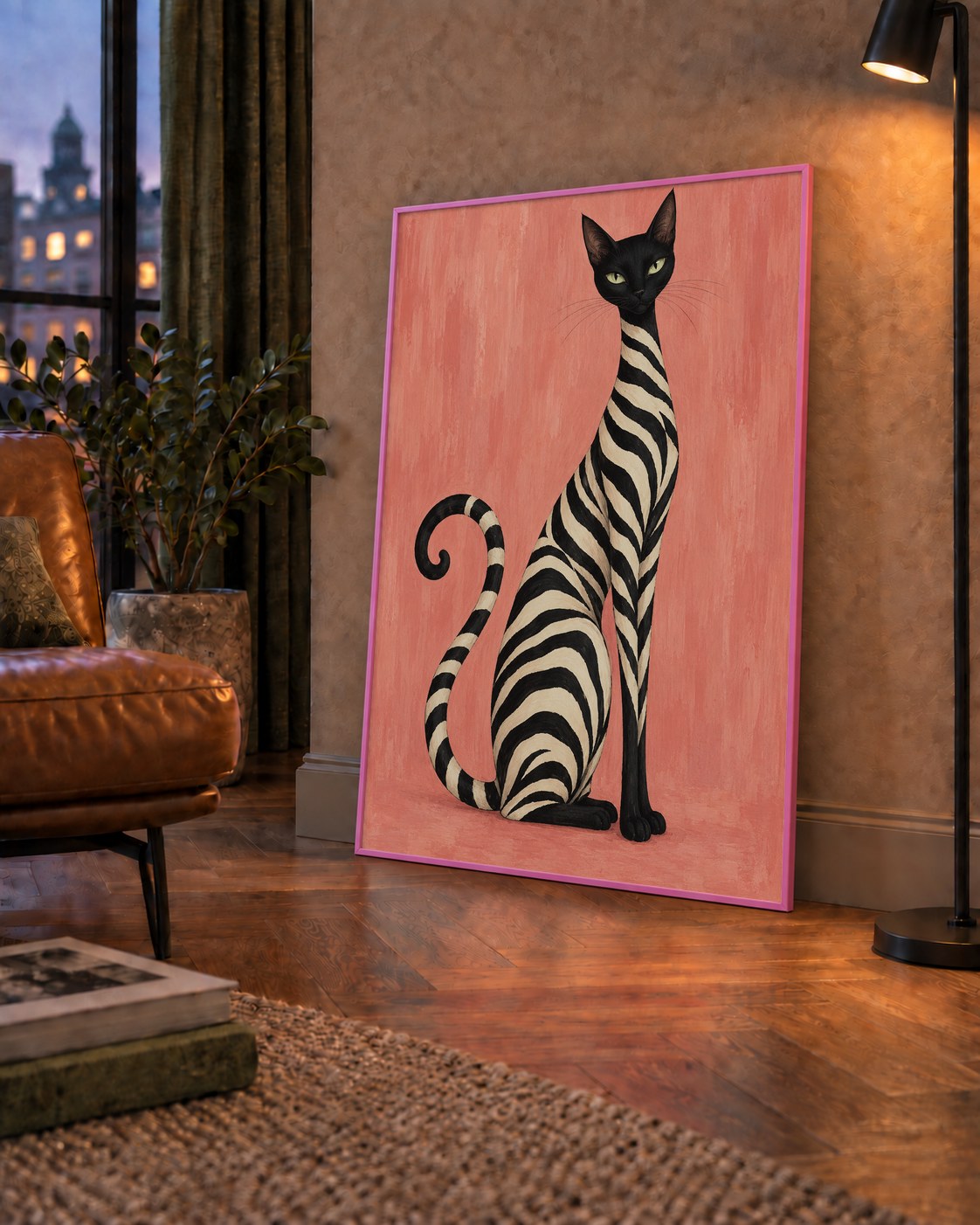 Somon Pembe Zebra Desenli Kedi Poster — çerçeveli hâliyle bir ev duvarında