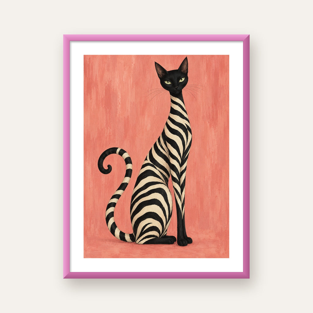 Somon Pembe Zebra Desenli Kedi Poster — pembe çerçeveli paspartulu