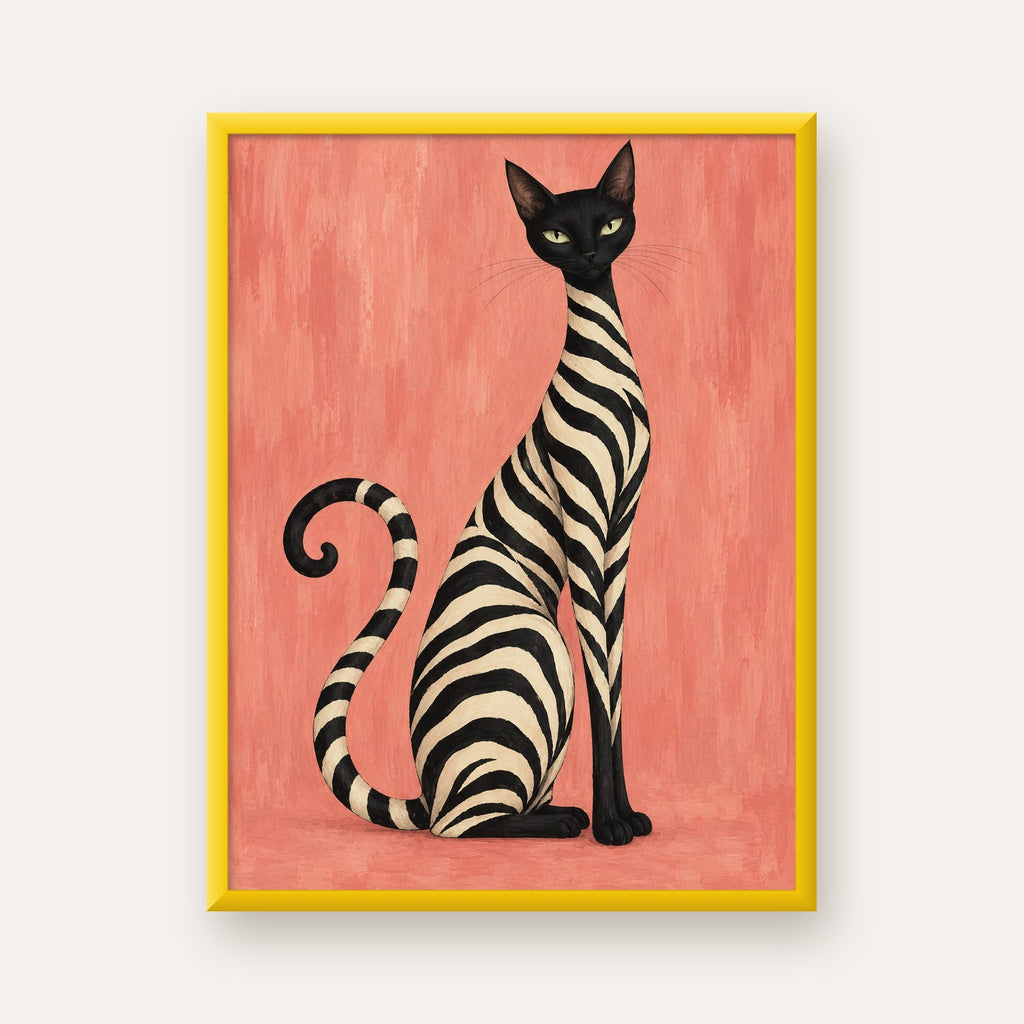 Somon Pembe Zebra Desenli Kedi Poster — sarı çerçeveli