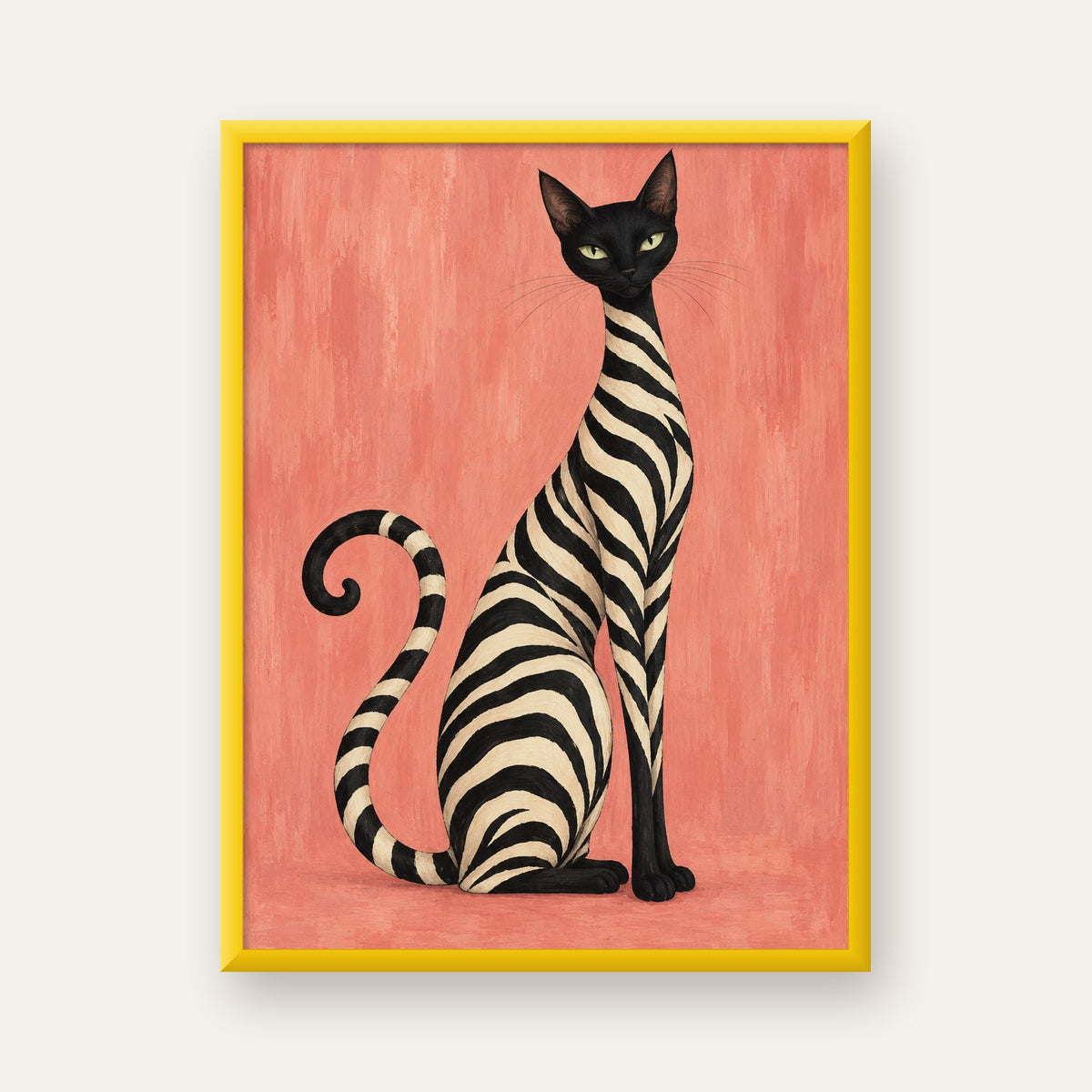 Somon Pembe Zebra Desenli Kedi Poster — sarı çerçeveli