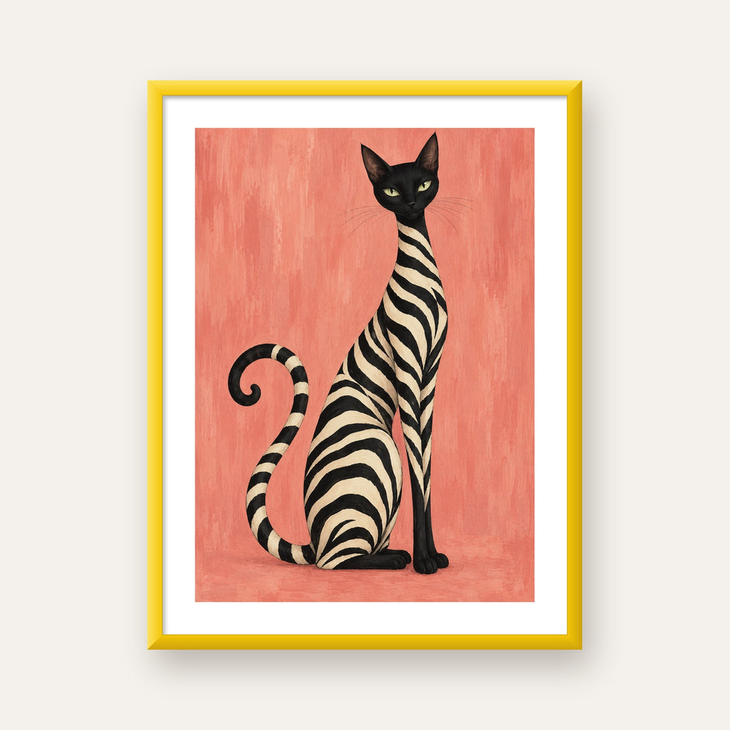 Somon Pembe Zebra Desenli Kedi Poster — sarı çerçeveli paspartulu