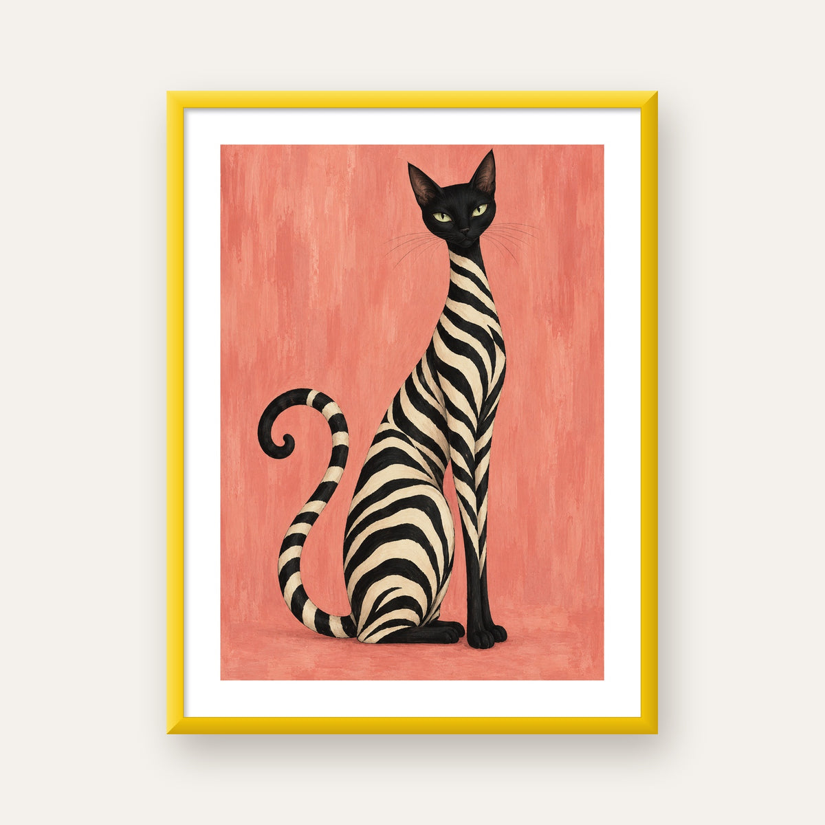 Somon Pembe Zebra Desenli Kedi Poster — sarı çerçeveli paspartulu