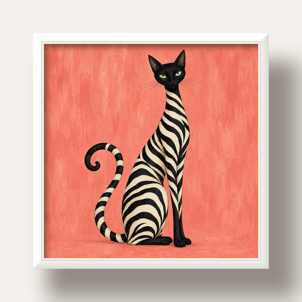 Somon Pembe Zebra Desenli Kedi Poster — beyaz derin çerçeveli