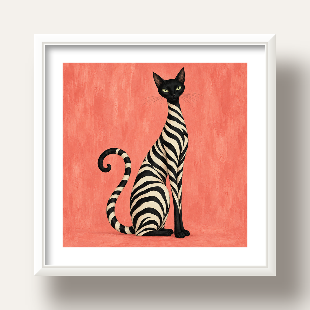 Somon Pembe Zebra Desenli Kedi Poster — beyaz derin çerçeveli paspartulu
