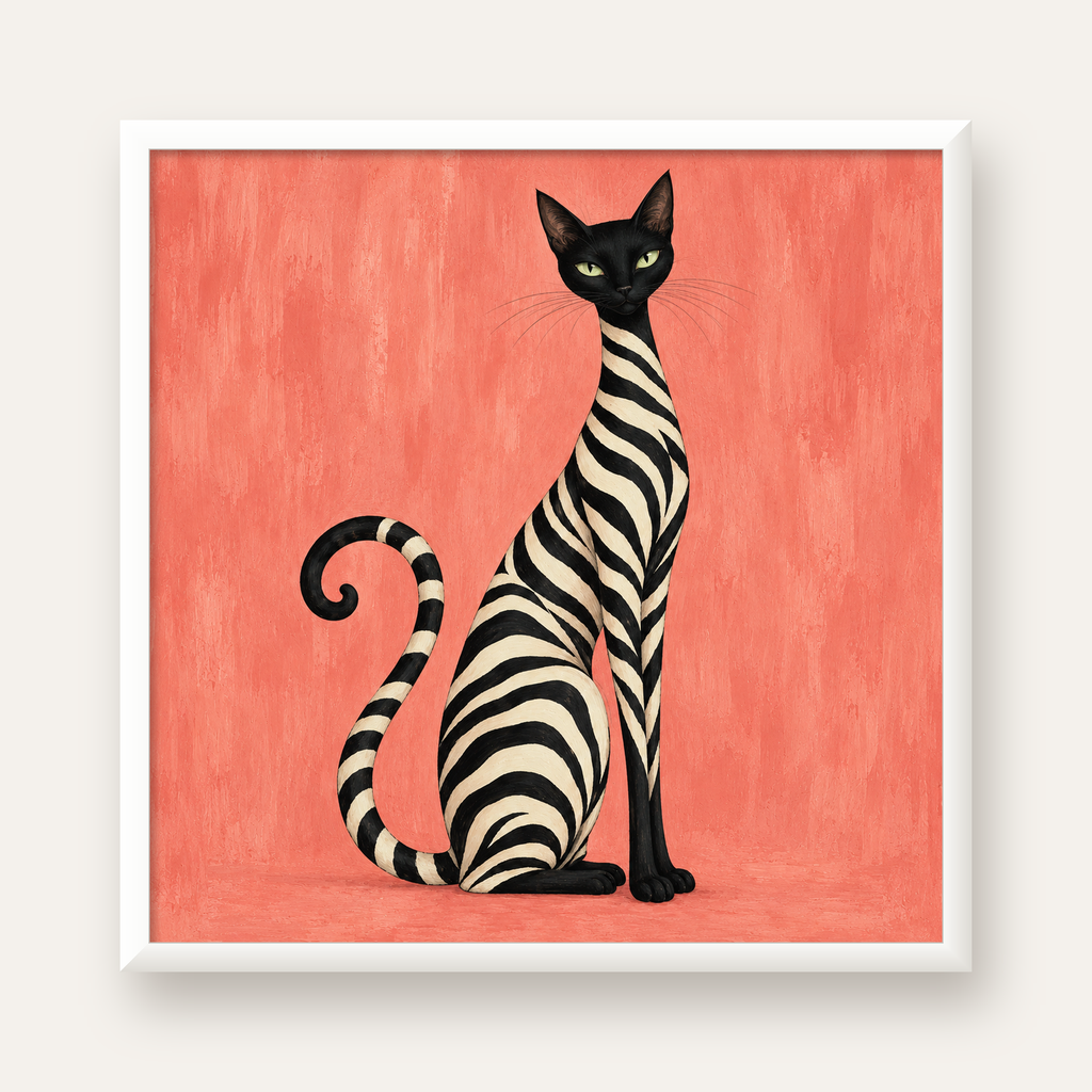 Somon Pembe Zebra Desenli Kedi Poster — beyaz çerçeveli kare poster