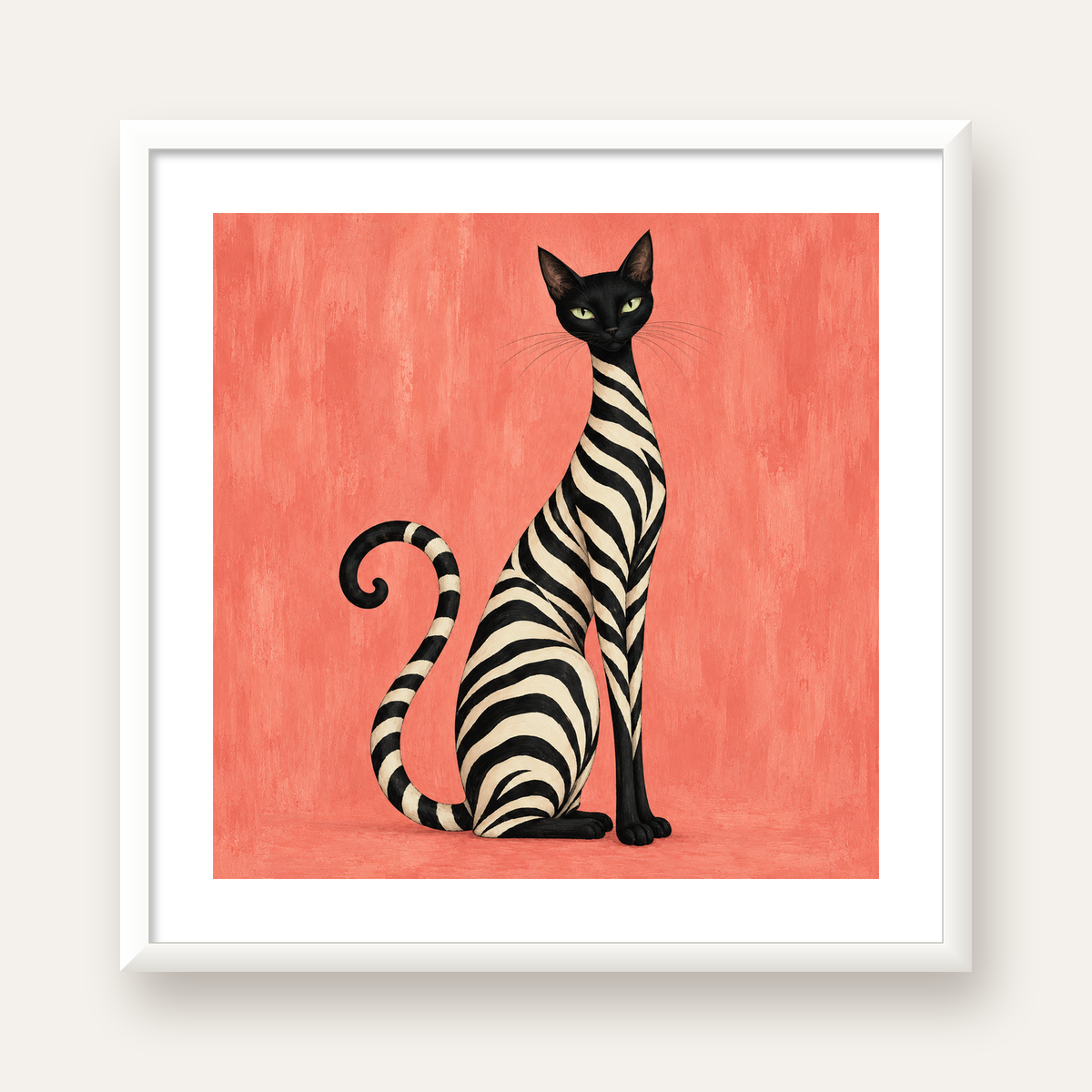 Somon Pembe Zebra Desenli Kedi Poster — beyaz çerçeveli kare poster
