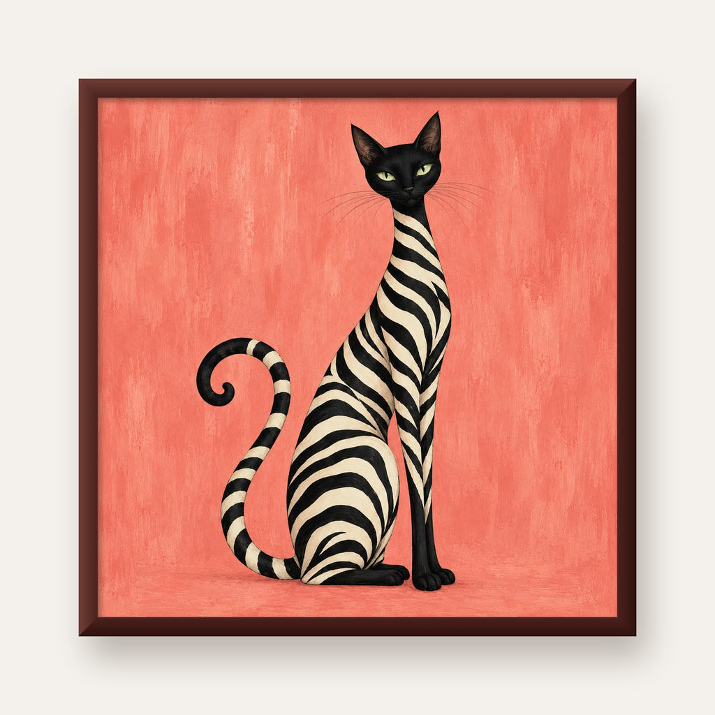 Somon Pembe Zebra Desenli Kedi Poster — ceviz çerçeveli