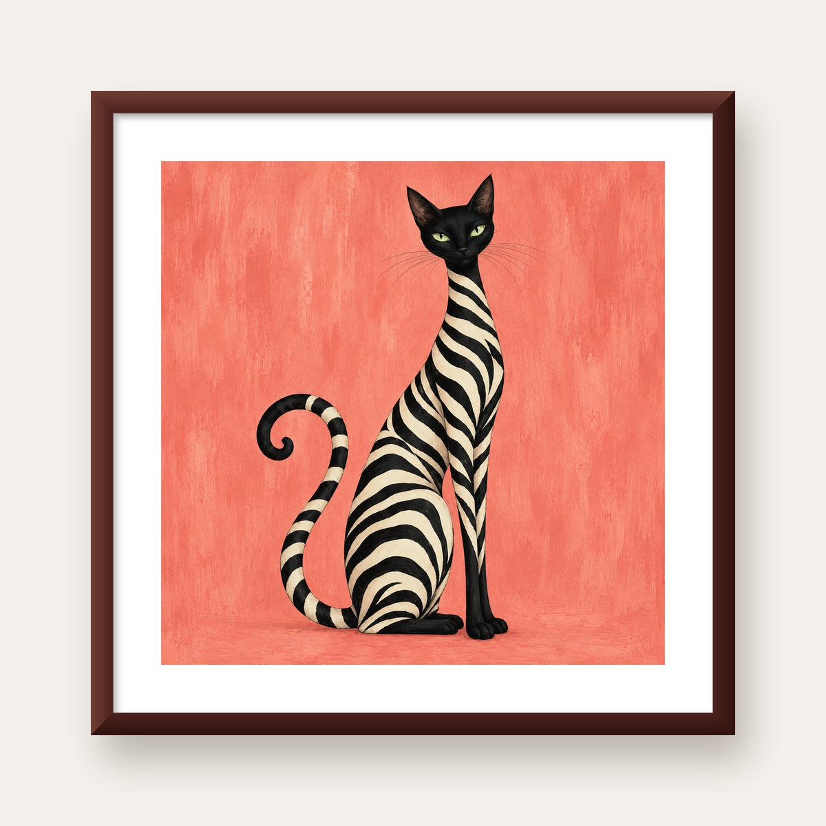 Somon Pembe Zebra Desenli Kedi Poster — ceviz çerçeveli paspartulu