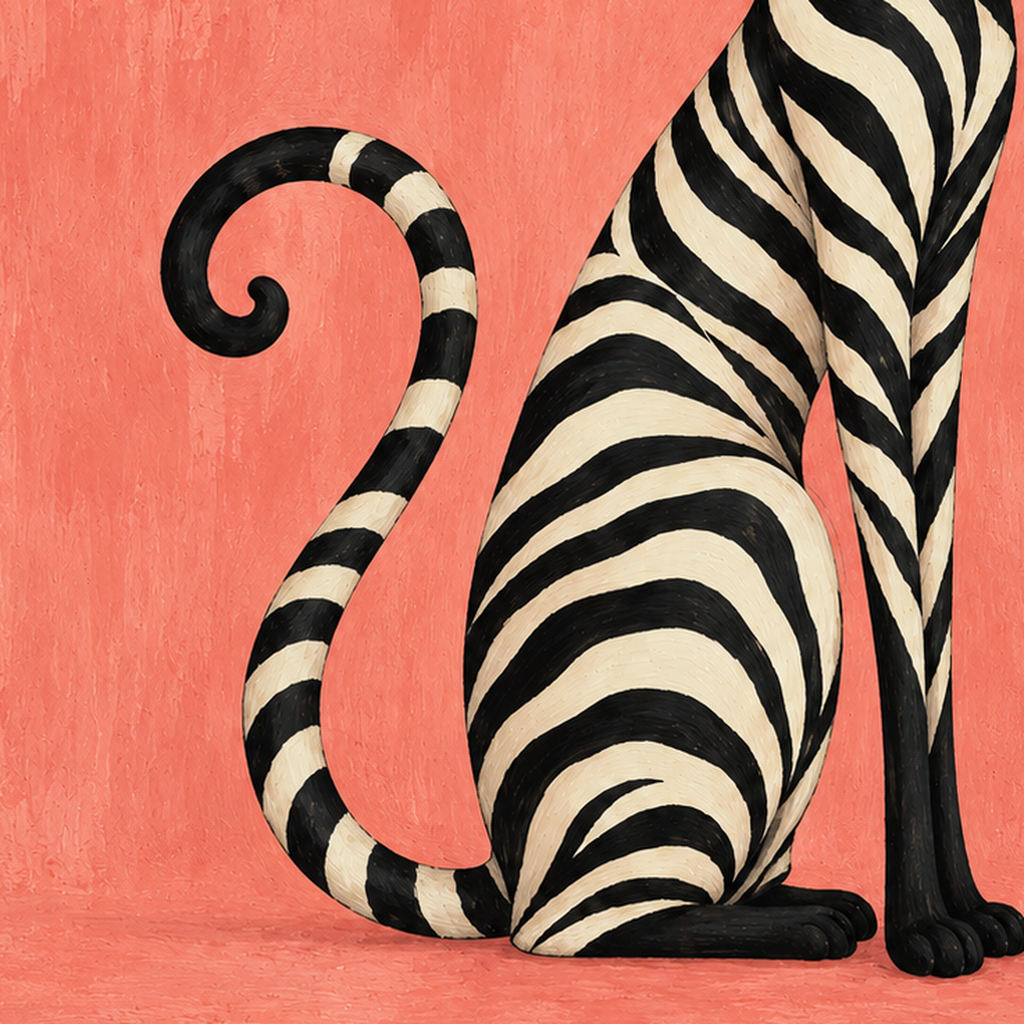 Zebra Desenli Kedi İllüstrasyonu Pembe Poster — baskının yakın çekimi, kâğıt dokusu ve renk detayı