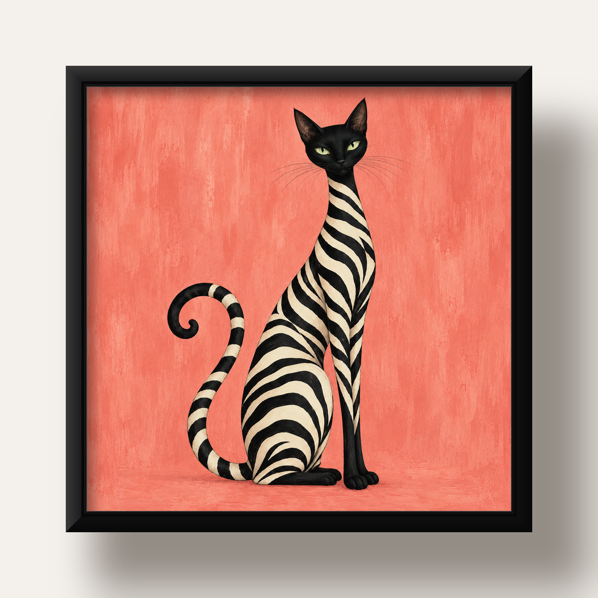 Somon Pembe Zebra Desenli Kedi Poster — siyah derin çerçeveli