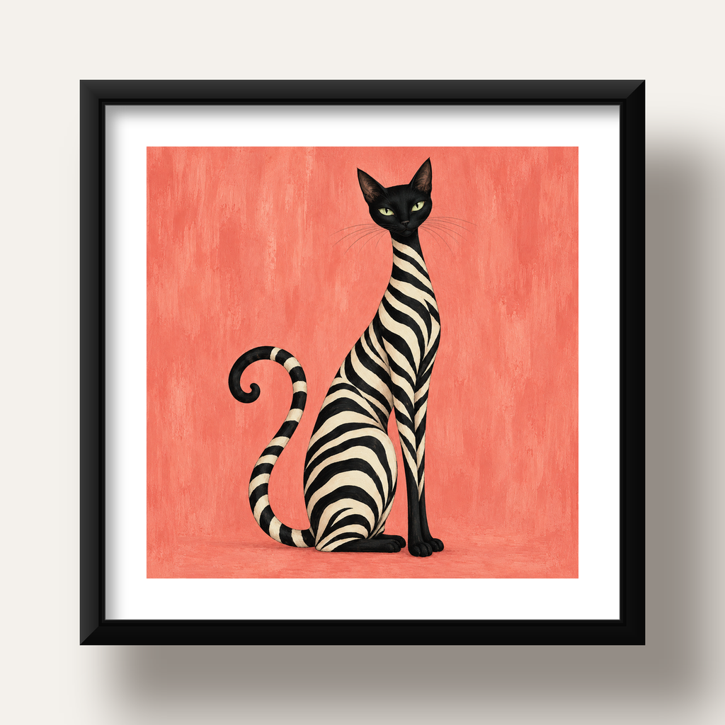 Somon Pembe Zebra Desenli Kedi Poster — siyah derin çerçeveli paspartulu