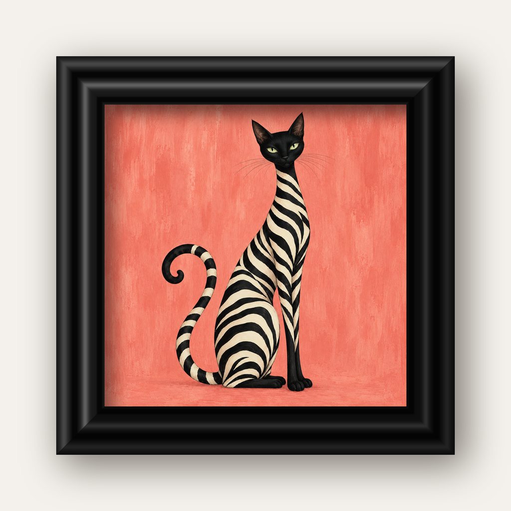 Somon Pembe Zebra Desenli Kedi Poster — siyah galeri çerçeveli