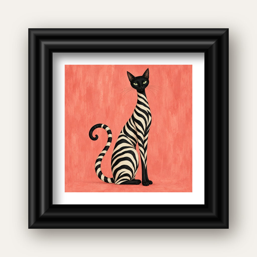Somon Pembe Zebra Desenli Kedi Poster — siyah galeri çerçeveli paspartulu