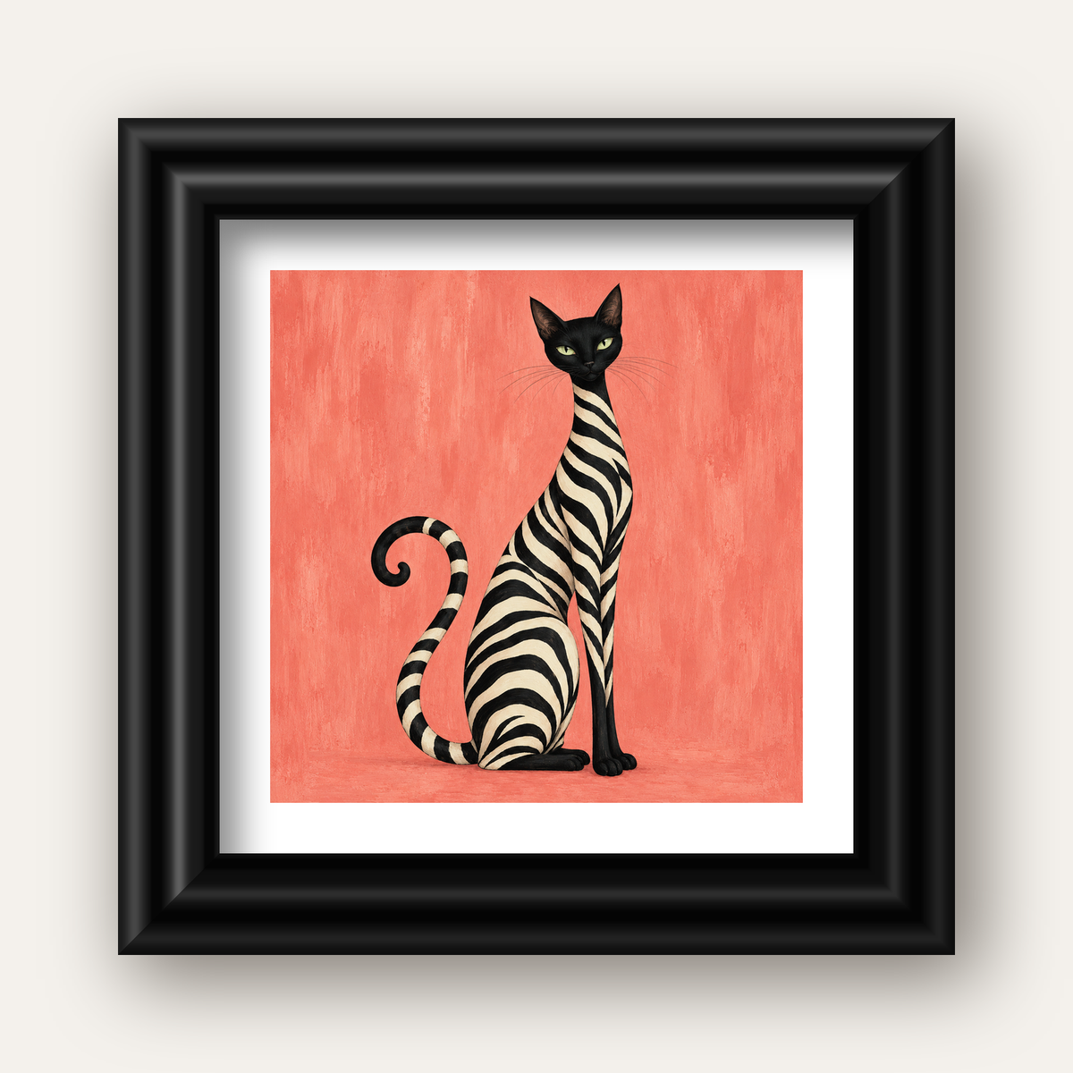 Somon Pembe Zebra Desenli Kedi Poster — siyah galeri çerçeveli paspartulu