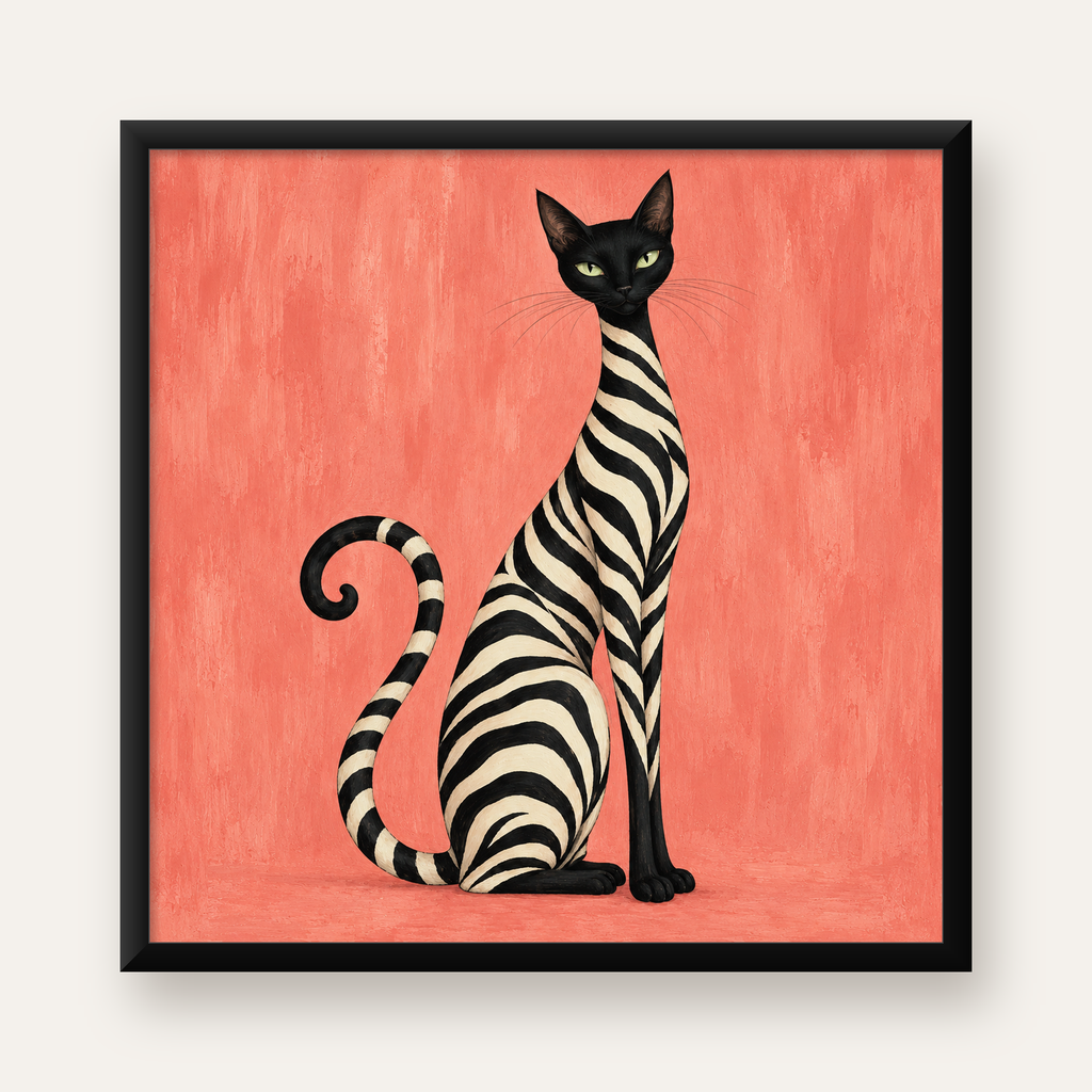 Zebra Desenli Kedi İllüstrasyonu Pembe Poster — Kare baskı, düz siyah çerçeveli duvar posteri